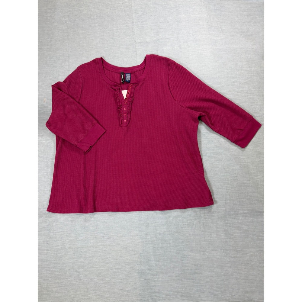Jason Maxwell Womens 3X Berry Pink Waffle‎ Knit Ruffle Henley Top 3/4 Sleeve